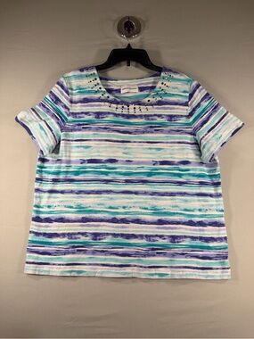 Alfred Dunner Blue, Teal & Purple Striped Short Sleeve Top with Studded Neckline